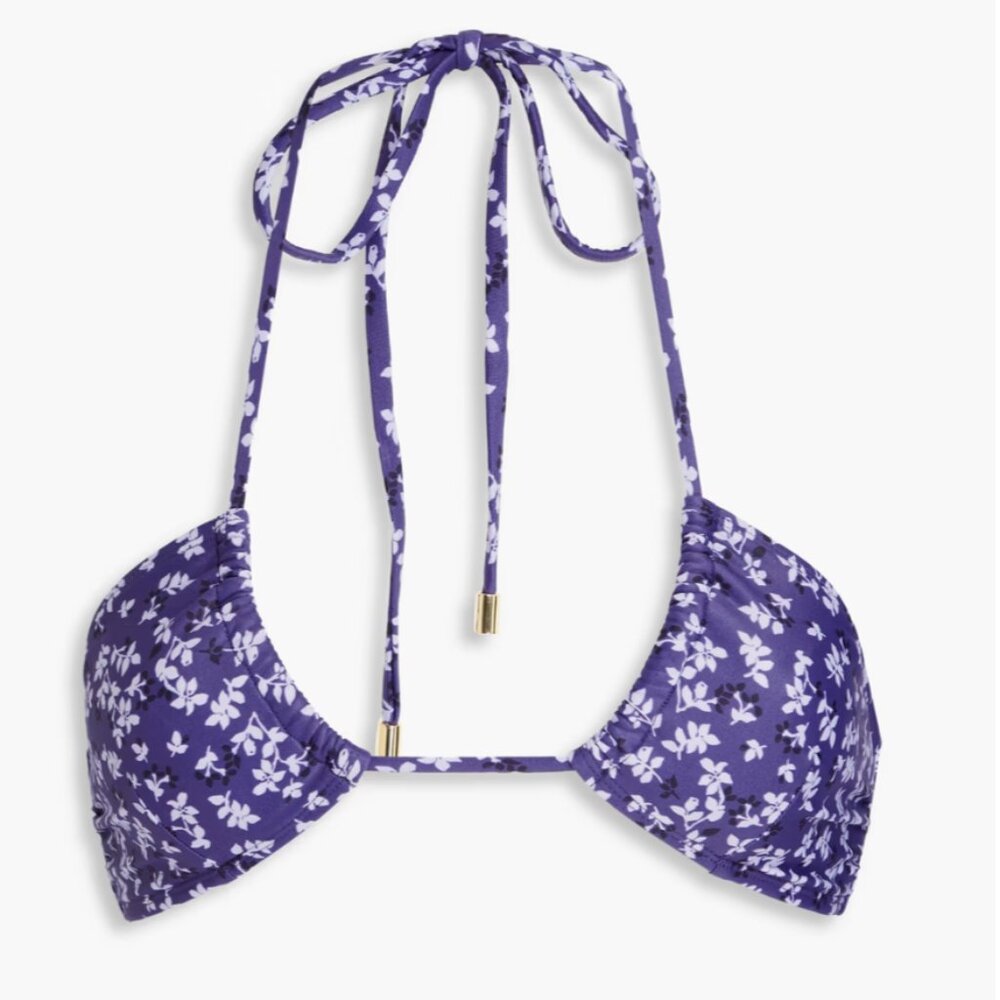 PEONY SWIMWEAR Ruched floral-print stretch-ECONYL halterneck bikini top Size XL